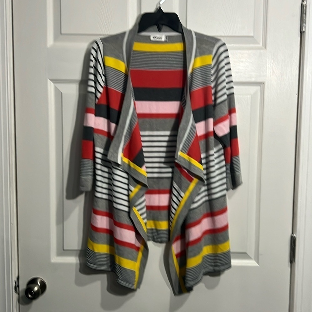 Myobe women’s XL multicolored, striped waterfall cardigan.